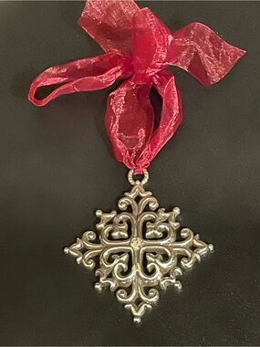 Brighton Silver Filigree Holiday Ornament with Red Ribbon